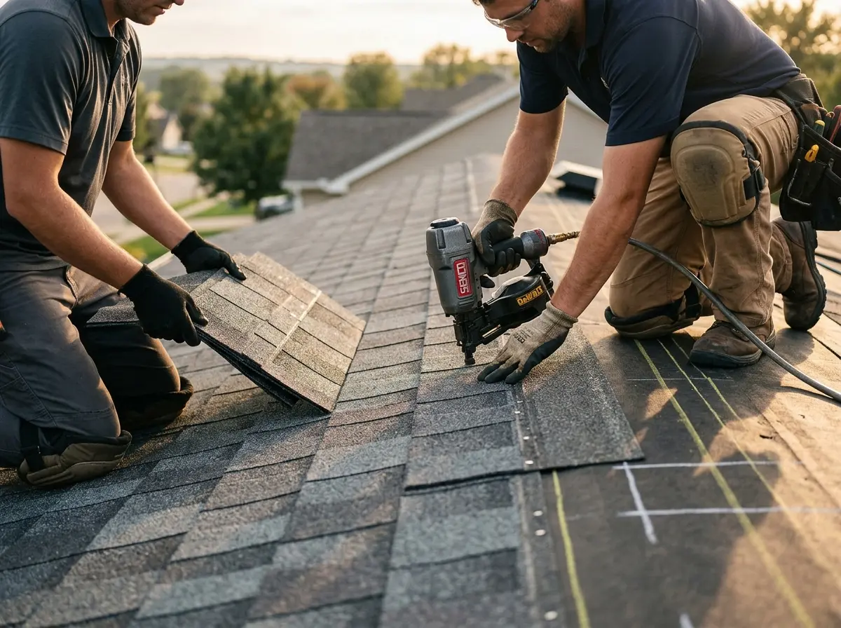 Professional roofer working on a residential roof in Waunakee